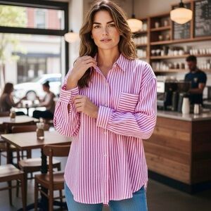 Sonoma Button Down Shirt Long Sleeve Pocket Pink Stripes Dropped Back